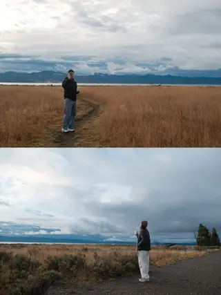 阴云下的湖畔草地，两人的照片上下拼接